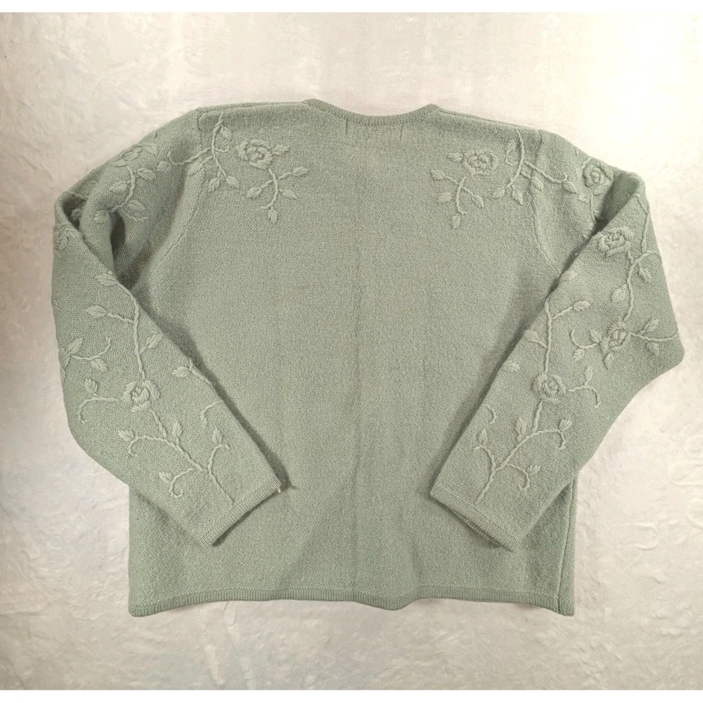 VTG Karen Scott Pure Wool Cardigan Sweater Medium Green Raised Floral Grandma - Picture 3 of 11